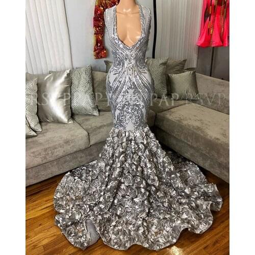 New Arriv al Mermaid Prom Dresses 2020 V-neck Sequin 3D Flowers African Black Girl Silver Gala Prom Dress