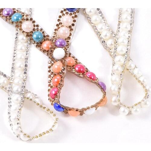 1 Yard Pearls Rhinestones Cup Chain Hot Fix Rhinestone Chain Ribbon Trimming Hot-Fix Patches Applique B3782