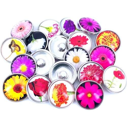 20pcs/lot 18mm 20mm Colorful Flower Pattern Glass Cabochon Snap Buttons for DIY Snaps Bracelet Necklace Charm Findings N017