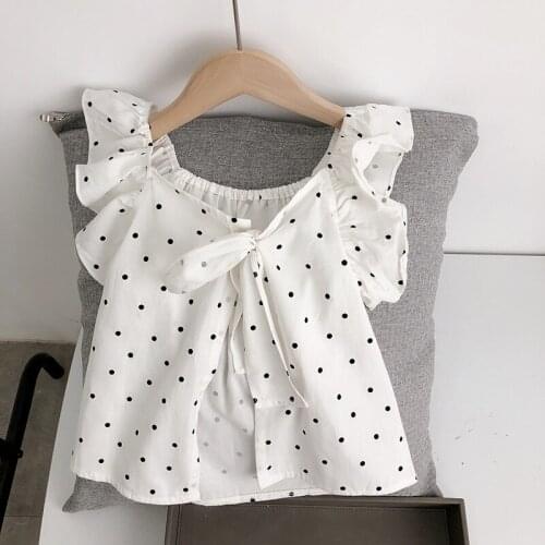 2021 Kid T-shirt Girl French Style Small Flying Sleeve Top Childrens Baby Girls Western Style Bow Beauty Back Polka Dot Vest