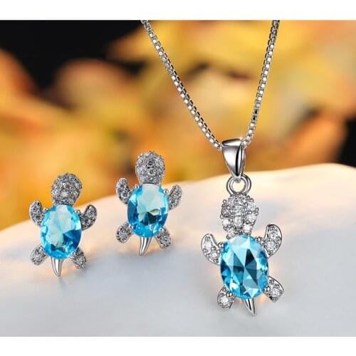 Aqua Blue Zircon Jewelry Sets Cute Small Turtle Necklace Earrings For Women Vintage Silver Color Bridal Wedding Engagement Sets