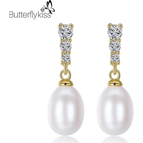 BK 20*7mm Freshwater Pearls Earrings For Women Real 925 Sterling Silver Zircon White Pink Purple Ear Drop Female Jewelry Gifts