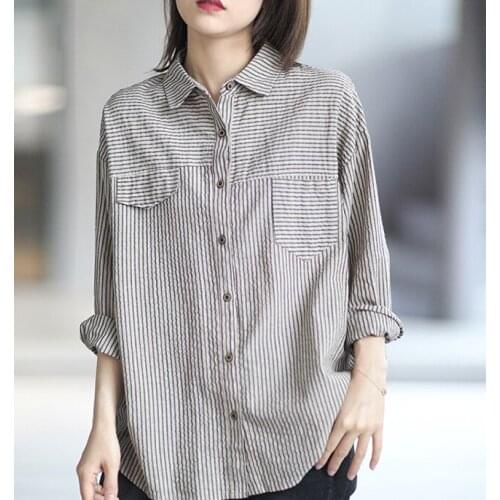 Spring Blouses Loose Retro Casual Women Tops New Single-Breasted Vertical Striped Shirt Cardigans Button Pocket All-match Blusas