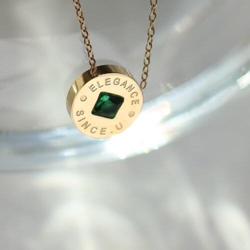 Evimi 18K Gold Round Emerald Green Letter Elegant Copper Chain Green Crystal Coin Clavicle Chain Necklace Jewelry