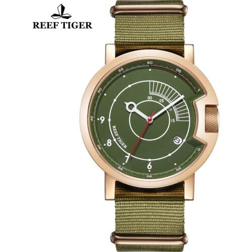 Reef Tiger/RT New Fashion Sport Watch for Men Waterproof Green Watches Nylon Strap Luxury Brand Automatic Mechanical Watch