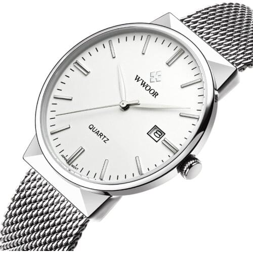 WWOOR Mens Watches 2021 Luxury Brand Quartz Casual Dress Watches For Men Stainless Steel Mesh belt Waterproof Calendar Watch Men