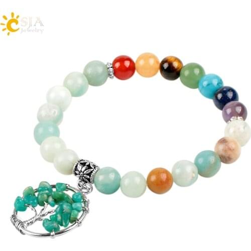 CSJA Meditation 7 Chakra Amazonite Bracelets Bangles Natural Gem Stone Yoga Mala Beads Tree of Life Pendant Healing Jewelry E876