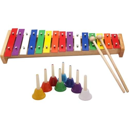 15-note Wooden Aluminum Plate Colorful Xylophone + 8pcs Handbells Toys for Kids Gift Musical Toys