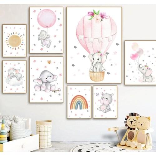 Baby Elephant Hippo Bear Balloon Rainbow Cloud Boho Posters And Prints Wall Art Canvas Painting Wall Pictures Kids Room Decor