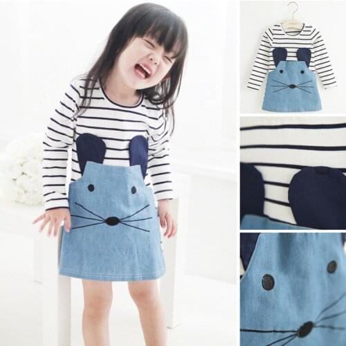 2020 Spring Summer Kid Girls Dress Striped Patchwork Character Girl Dresses Cute Mouse Denim Kids Children Clothes