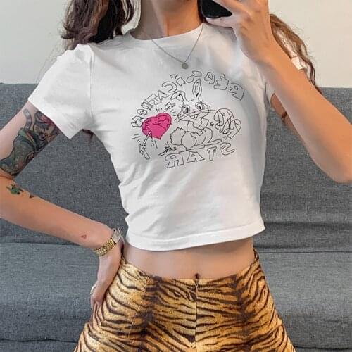 Cute rabbit cartoon print T-shirt streetwear summer new slim y2k cotton crop top Harajuku kawaii womens short-sleeved T-shirt