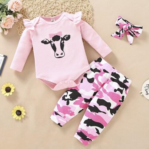 Newborn Infant Baby Ruffle Milk Cow Print Long Sleeve Romper Bodysuit+Camouflage Pants Set Romper Bodysuit Baby Girl Clothes Set
