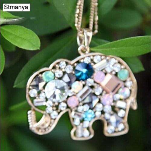 Korean Fashion Jewelry For Women New Crystal Lucky Lovely Elephant Necklace Pendant Necklace Long Chain For Gift #19093