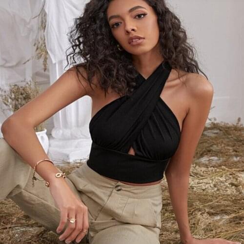 Women Ruched Crop Tank Tops Sexy Sleeveless Criss Cross Halter Neck Plain Camisole For Party Beach Prom Music Festival Dating