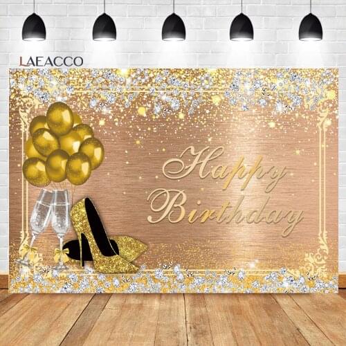 Laeacco Birthday Golden Wooden Background Shiny Diamond High Heels Balloon Customized Portrait Backdrops Photography Backgrounds