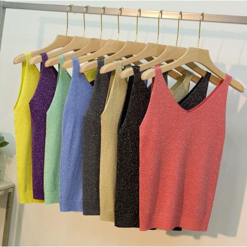 18 Colors Women Sleeveless Tank Tops Sexy Female V-Neck Knitted Camisole Club Girls Metal Strap Camis Thin Shiny Glitter Bling