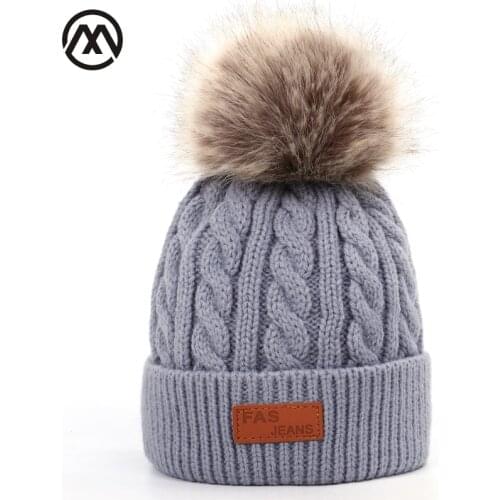Fashion cute children winter hat pom-pom leather knit hat boy girl winter warm cotton hat baby fun hat high quality cotton beans