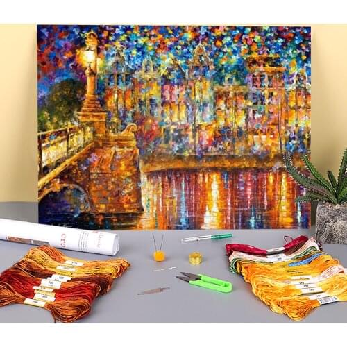 Beautiful Night Printed Water-Soluble Canvas 11CT Cross Stitch Embroidery Kit DMC Threads Needlework Craft Handiwork Jewelry