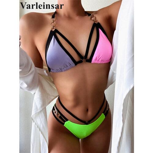 2021 New Sexy Splicing Halter Strappy Bikini Female Swimsuit Women Swimwear Two-pieces Bikini set Bather Bathing Suit Swim V3068