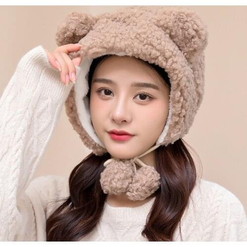 New Women Cute Bear Hat High Quality Add Fur Lined Loosely Ears Winter Hat Stylish Wool Knitted Beanie Hats For Women Warm Cap