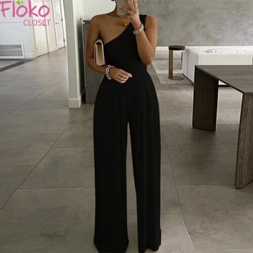 Flokocloset Solid Casual Sleeveless One Shoulder Jumpsuit Summer Elegant Lady Bodycon Rompers One Piece Outfit