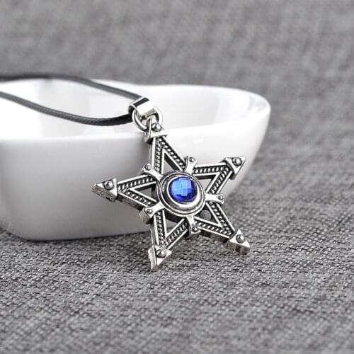Black Rock Shooter Necklace Pentacle Pentagram Star Amulet Antique Silver Color Pendant Crystal Vintage Anime Jewelry Wholesale