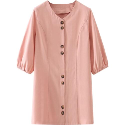 Spring and summer womens casual solid color V-neck short-sleeved single-breasted dress