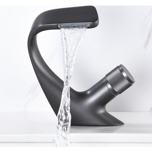 Grey Black Brass Basin Faucets Waterfall Deck Mount Bathroom Mixer Hot Cold Crane Sink Water Single Hole Tap Kitchen Accessories