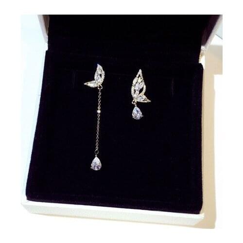 2021New Korea Fashion Trendy Bling Butterfly Asymmetrical Ear Studs for Women Engagement Wedding Gift for Female Jewelry