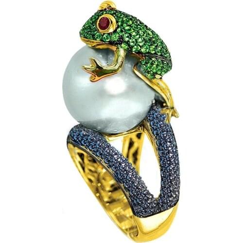 USTAR New 2019 Toad Frog Created Pearl Rings for women Shiny Green CZ Crystals Gold Finger Engagement Rings Female Anel gifts