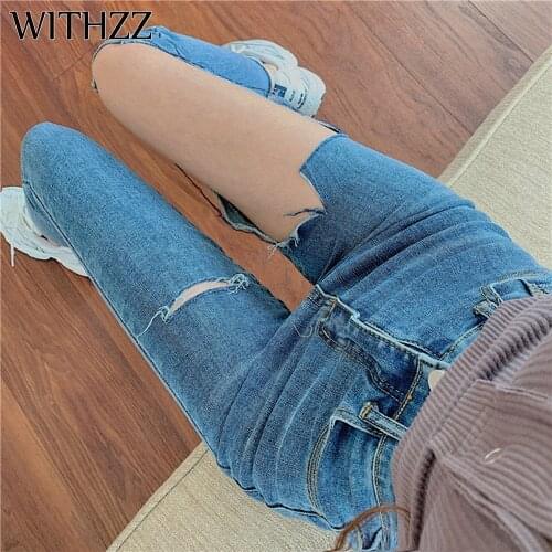 WITHZZ Womens Tight Stretch Cool Big Hole Fashion Denim Pencil Pants Asian Size Jeans