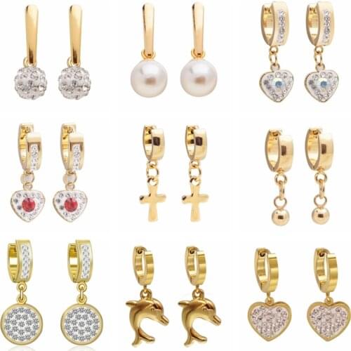 12 Styles Heart Animal Design Gold Color Hoop Earrings for Women Ladies Dolphin Fashion Stainless Steel Drop Earring