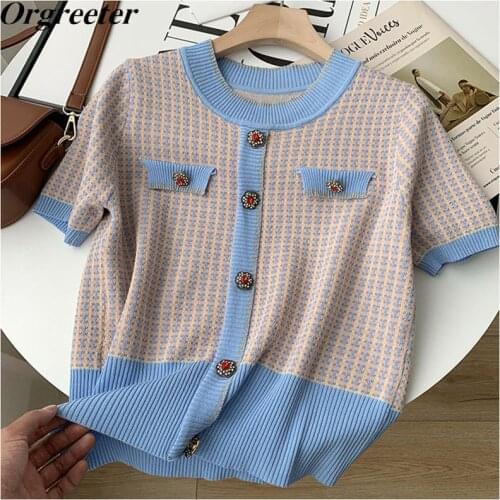 3 Colors Choose Vintage Knitwear Female Mujer 2021 Summer New O-neck Diamond Button Hit color Pullover Tops Thin Blusa Mujer