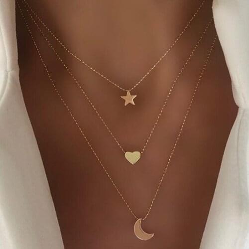 Women Layered Love Moon Star Pendant Choker Necklace Summer Simple Heart-Shaped Chain 2021 Fashion Jewerly AM3049