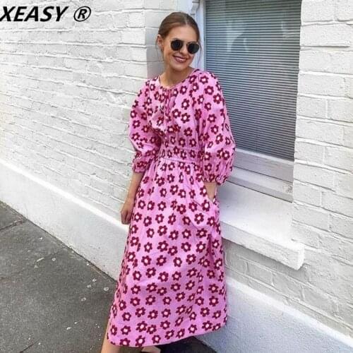 XEASY 2021 Women Fashion Pink Flower print Dress Neckline Lace Up Round Neck Vintage Chic Waist Female Sweet Street Long Dresses