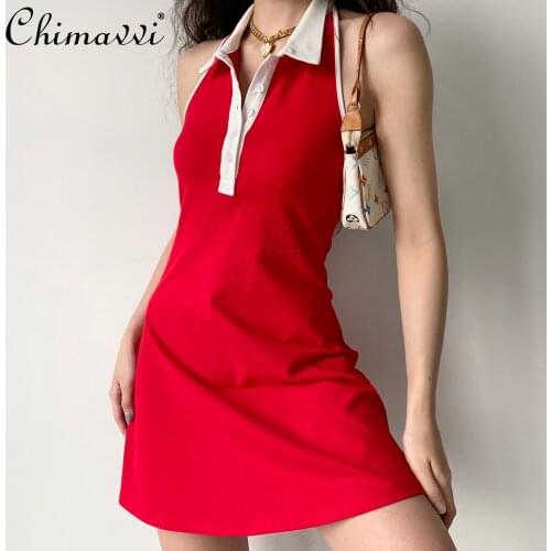 College Style Contrast Color Polo Collar Halter Dress Dress for Women High Waist Backless A Line Dress Lady Sleveless Red Dress