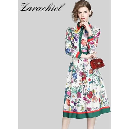 Vintage Shirt Overlay Flower Print Dress Women Single-Breasted Wrist Sleeve Fit and Flare Slim Swing Party Elegant Midi Dress