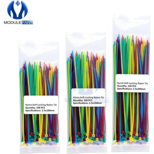 100pcs Multi Color Self-Locking Plastic Nylon Ties Wire Cable Zip Ties 2.5x100mm 2.5x150mm 2.5x200mm