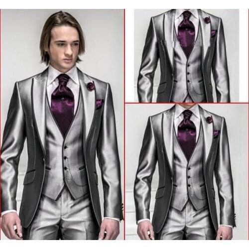 2016 Custom Made Top Quality Slim Fit Silver Wedding Suits Party Dress Formal Groom Tuxedo For Four Pieces-Coat+Pants+Vest+Tie