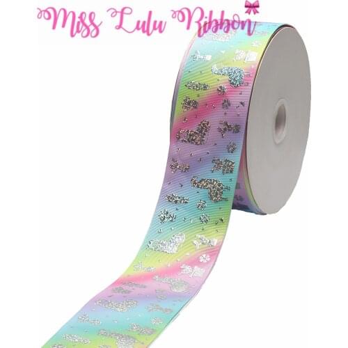 3"75mm Cartoon Alpaca Cactus Flower Hologram Silver Foil Rainbow Stripes Printed Grosgrain Ribbon DIY Hair Bows 50yards/roll