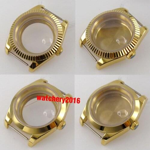 39mm Yellow Gold Sapphire Watch Case For NH35 NH36 Miyota 8215 DG 2813 Movement Fluted/Polished Bezel Glass/Steel Case Back