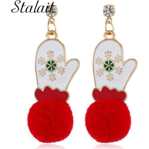 Red Wool Ball Christmas Gloves Snowman Santa Claus Drop Earrings Oil Drop Rhinestone Cute Earrings Gold Alloy Creative Jewelry