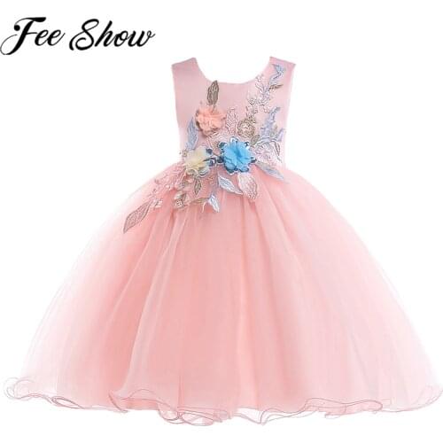 Girls Summer Dress Kids Dresses for Girls 3D Flower Embroidered Dress Princess Flower Girl Elegant Party Dress for Wedding
