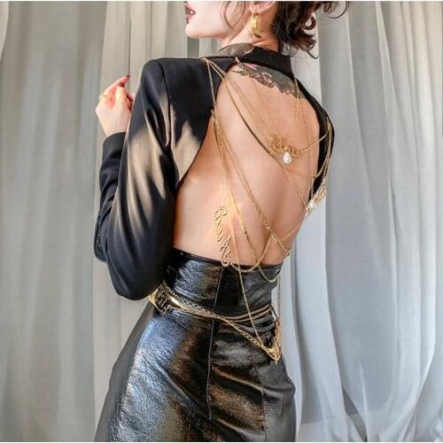 Cute Black Open Back Blazer Women Backless Blazer Jacket With Sequined Chains