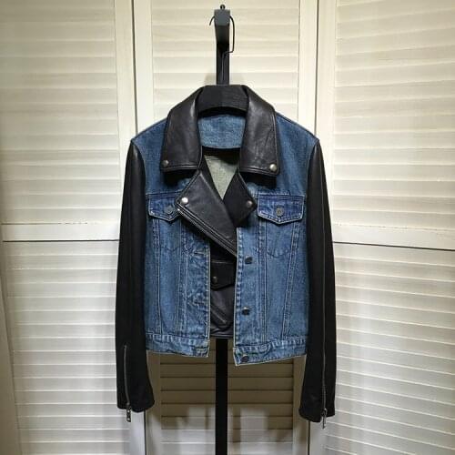 Hot Fashion Womens Designer High quality Denim patchwork Genuine leather jackets A789