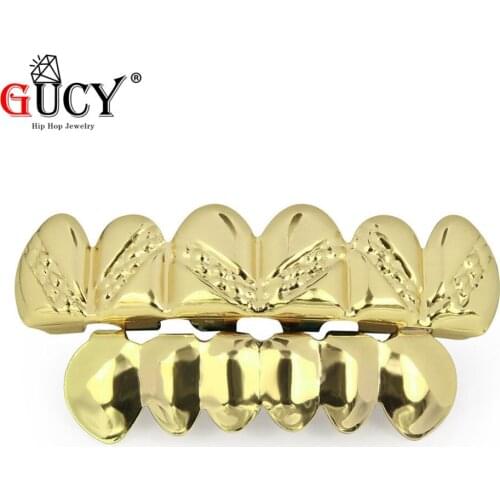GUCY New Gold Color Plated Real Shiny Hip Hop Teeth Grillz Caps Top&Bottom Grill Set Vampire Teeth For Men Women Mouth Jewelry