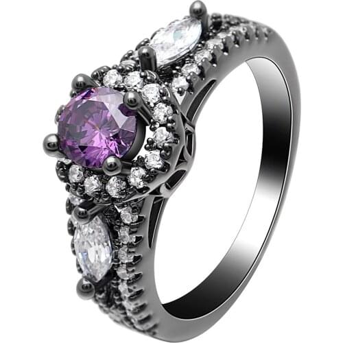 New Hot Top Quality Round Stone Wedding Rings Purple CZ Black Gold Color Fashion Brand Jewelry for Women Ladies Birthday Gift