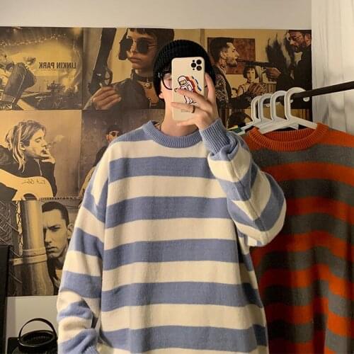 Striped Sweater Men‘s Trend Loose O-neck Long Sleeve Pullover Sweaters Fashion Streetwear Simple Multicolor Male Clothes Winter