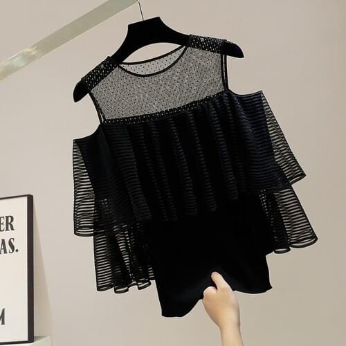 Irregular Mesh Lace Stitching Knitwear Shirt Women Fashion Elegant Tops Lady Sexy Blusas Spring Summer 2021