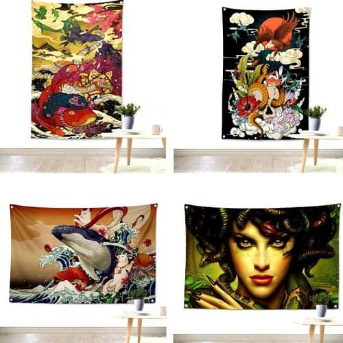 Japanese ukiyo-e tattoo Shabby chic Rock poster flag banner tapestry cloth painting Mural Bar Cafe Bedroom Background Decor